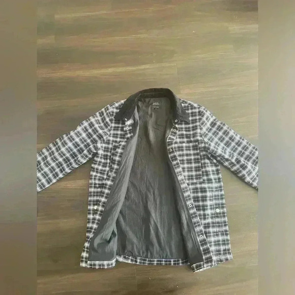 A.P.C. Navy Blue Plaid Button-Up Shirt Jacket with Corduroy Collar - Small - Picture 7 of 9